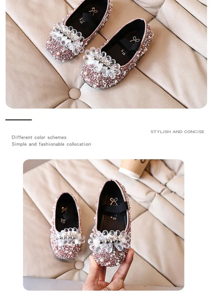 Children's Shoe for Girl Fashion Rhinestone Kids Leather Shoes Sequins Princess Ballet Slip-on Versatile Toddler Casual Shoes