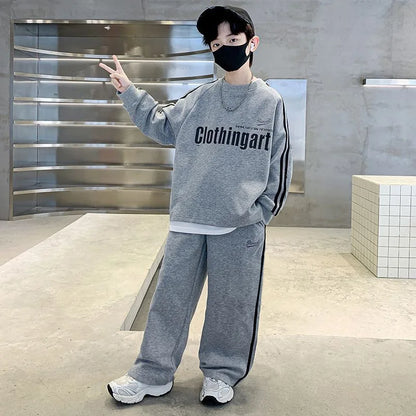 Teenager boys Suit autumn winter Cloth letter striped sweatshirt hooded + wide leg Pants tracksuit 5 8 10 12 Year Child set