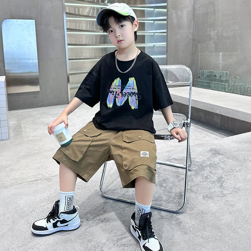 Boys Summer Clothing Sets Big Children Short-sleeved Top+Shorts Suits 2025 New Teenager T-shirt Loose Sports 2Pcs Outfits 4-14Y