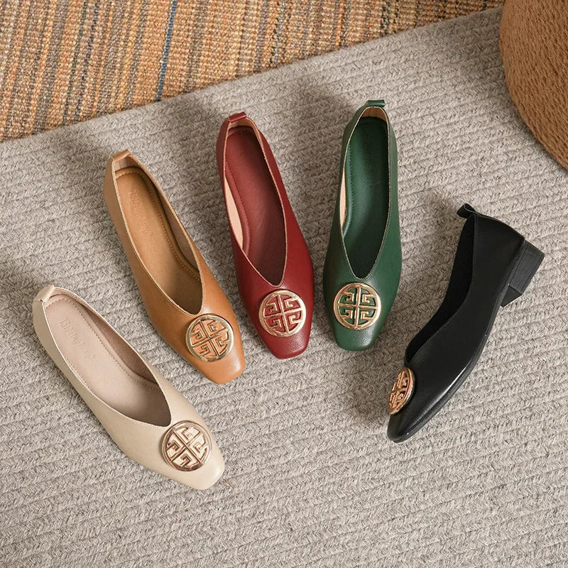 Women's square toe low heels solid color retro Casual flat shoes