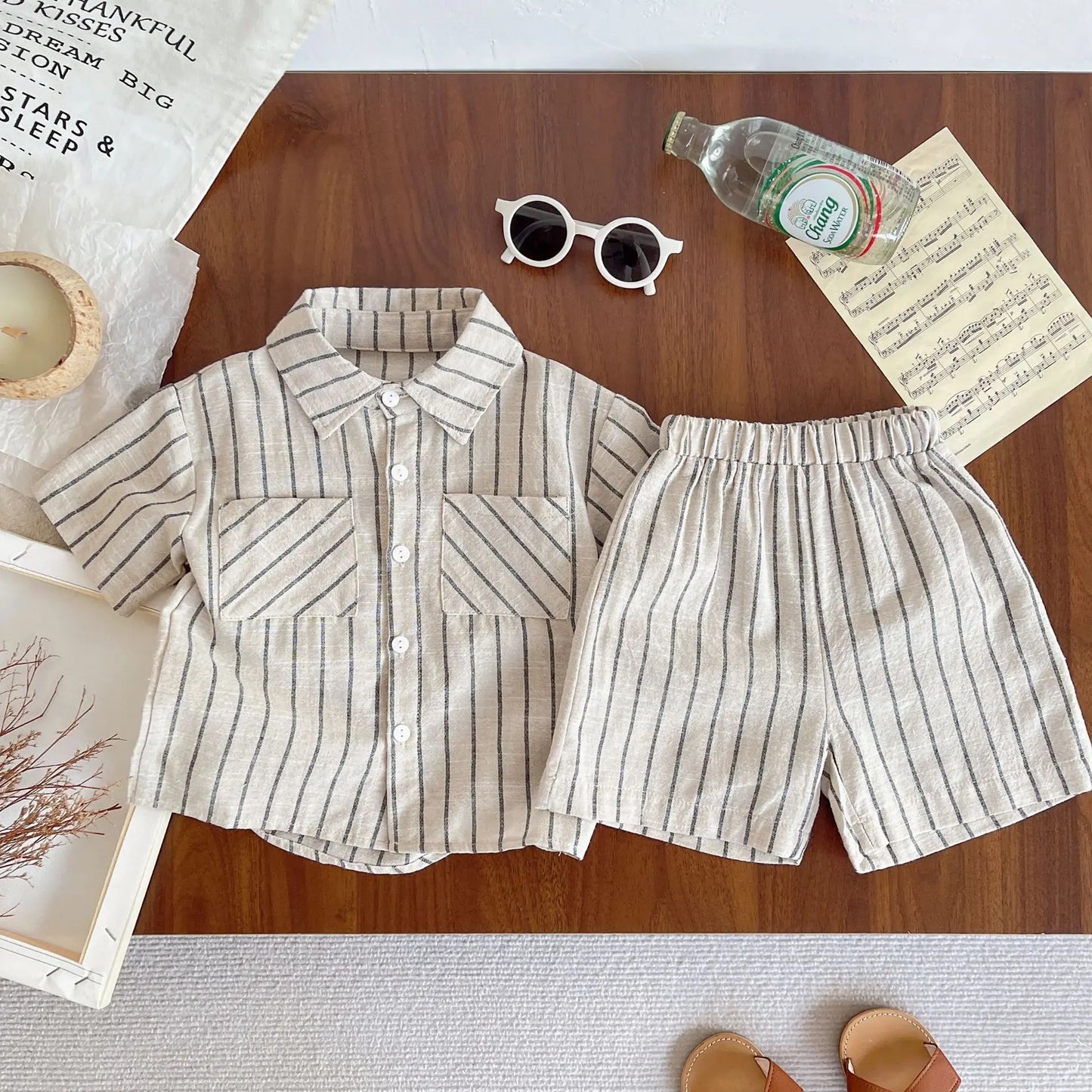 Set Children Unisex Summer New Style Cotton Stripe Pocket Shirt Polo Collar Shourts Fashion Casual Brief Versatile Korean
