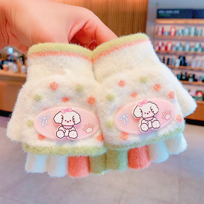 Winter Plush Knitted Cartoon Rabbit Flexible Flip-top Gloves Thicken Warm Cute Gloves For Baby Girls Half Finger Children Gloves