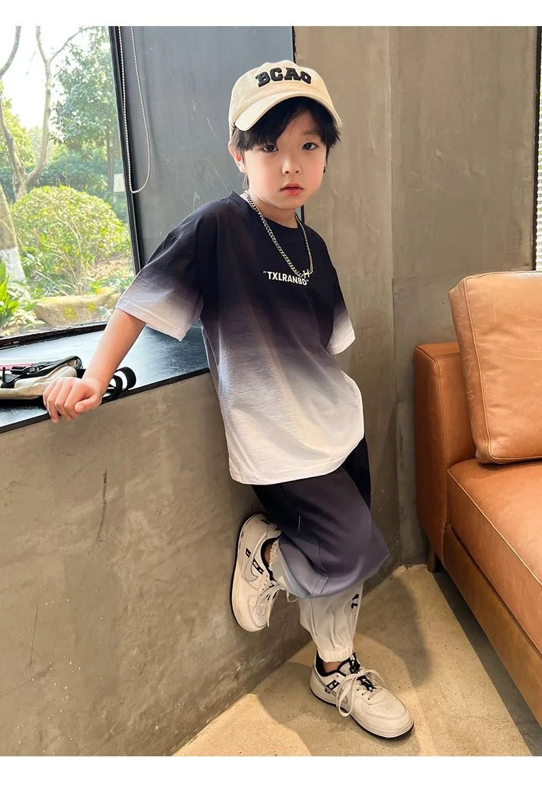 Summer teenager Boys Sports Suit Letter T Shirt + hip hop shorts Pants Kids Clothes Tracksuit 4 5 6 7 8 9 10 11 12 Years