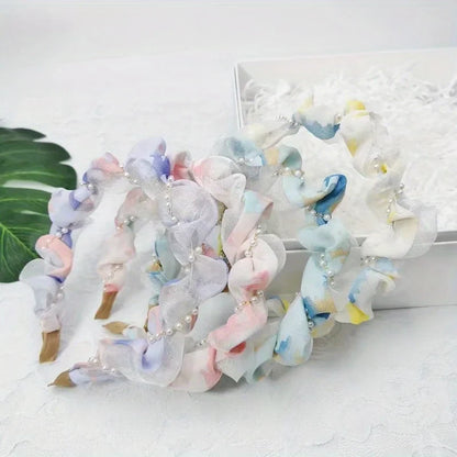 French Pearl Headband – Crinkled Fabric with Floral Print, Padded Volumizing Hairband for Women Headbands for Women