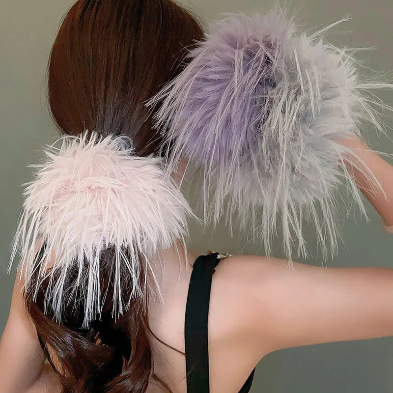Large Feather Hair Rope Women Lady Elegant Black White Feather Elastic Hair Band Winter Headwear Fluffy Hair Scrunchy Hair Ring