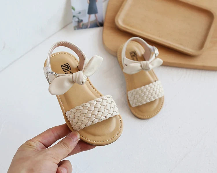 Girl Sandals Bowtie Braided Soft 21-30 Inafnt Children Sliders Bohemia Style Classic Fashion Open Toe Non-slip Kids Flats
