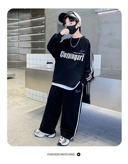 Teenager boys Suit autumn winter Cloth letter striped sweatshirt hooded + wide leg Pants tracksuit 5 8 10 12 Year Child set