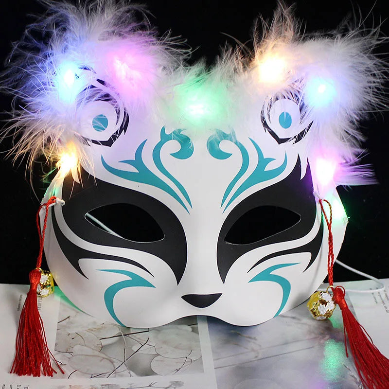 Luminous Feather Fox Mask Half Face Cat Anime Fox Mask Children Luminous Mask Eye Mask Makeup Party Role Play Props