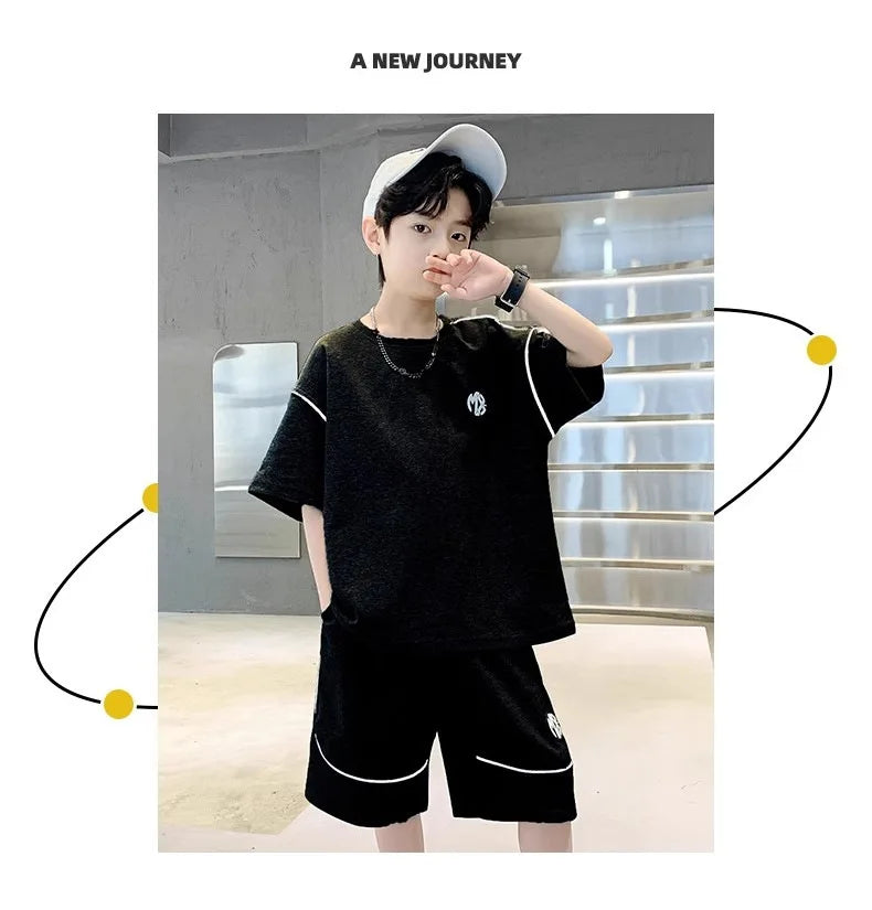 Boys Suit Child set Clothes Short-Sleeved loose black t-shirt + half pants Teenager Tracksuits Kids 8 10 12 year