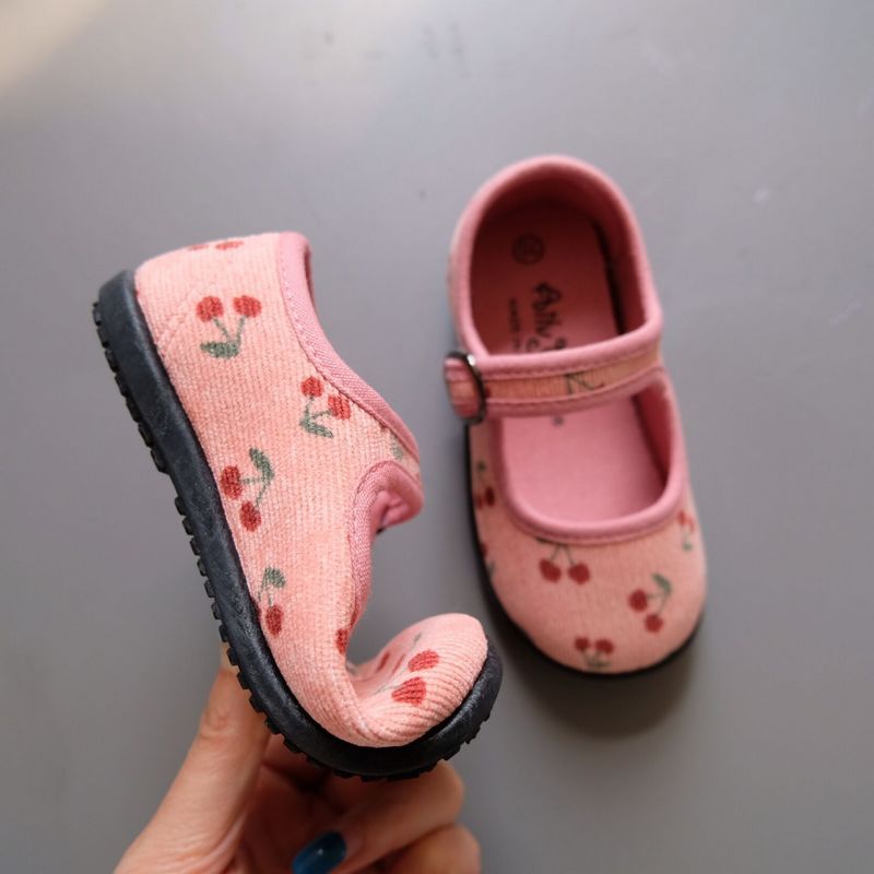 New Corduroy Floral Canvas Shoes Girls Square Mouth Indoor Shoes Soft Soled Non-slip Shoes