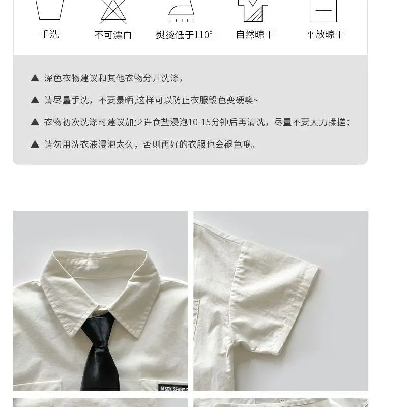 Teens Boys Summer Set Children's Wear Thin 2025 New Handsome British Style Boy White Cotton Short Sleeved Shirt+Black Shorts+Tie