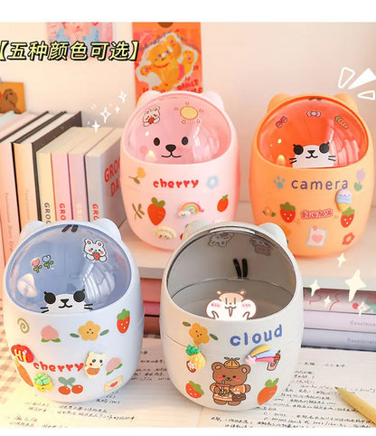 Mini Desktop Trash Can Organizer Cute Bear Multifunction Creative Cosmetic Bucket with Lid Pen Holder Kawaii Stickers Patchers