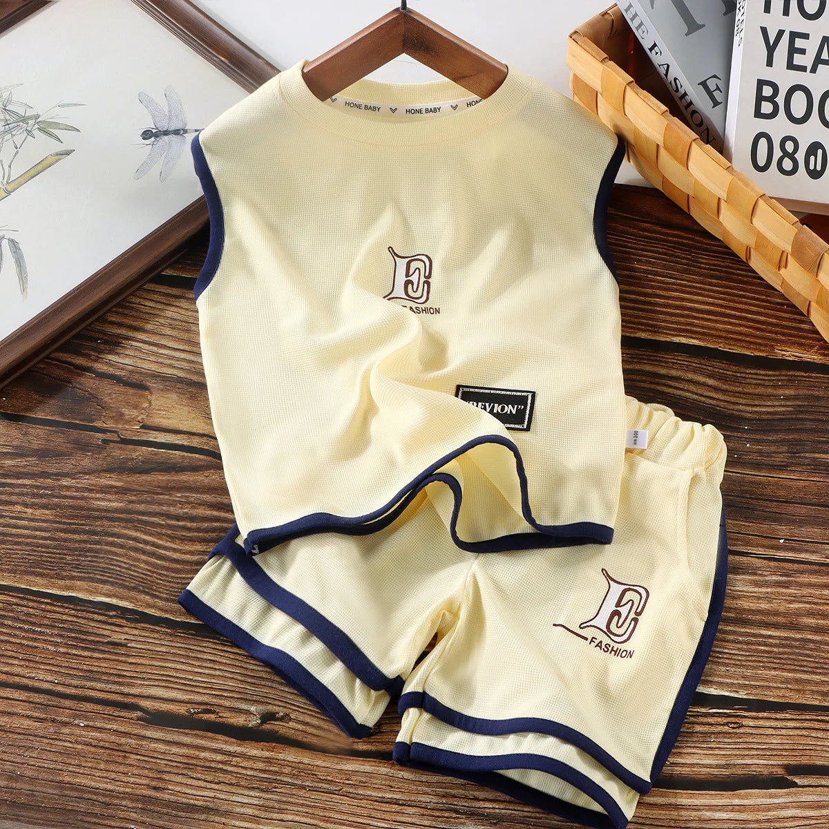 Kids Clothing Sets Summer Sleeveless T-shirt +shorts 2pcs/set Sport Suits for Boys Waffle Baby Sports Tracksuits Toddler Outfits