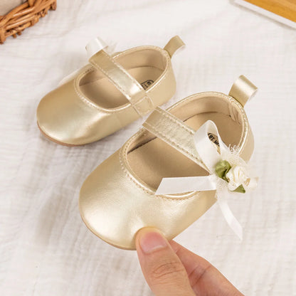 Gold Tie Cute Bow Flower Baby Princess Shoes Wedding Birthday Party Non-Slip Soft Sole Baby Toddler Shoes