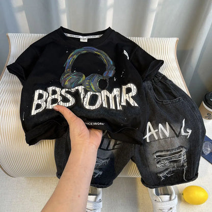 Korean Boys Summer Children's Top and Bottom 2PC Sets Short Sleeve T-Shirt & Denim Shorts Kids Clothes 1-7 Years Black Toddler