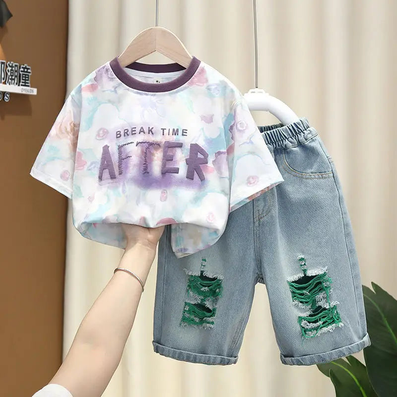 Korean Boys Summer Children's Top and Bottom 2PC Sets Short Sleeve T-Shirt & Denim Shorts Kids Clothes 1-7 Years Black Toddler