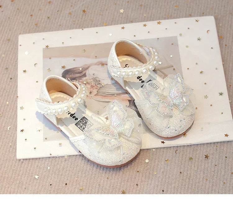 Girls Dress Shoes for Wedding Party Bling Sequins with Rhinestone Butterfly Sweet Princess Chic Kids Flat Shoes Lace Beaded
