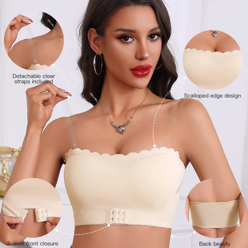 Women's Strapless Front Closure Bra Wireless Bandeau Non-slip Underwear Wavy Edge Chest Wraps Padded Push Up Tube Top Bralette
