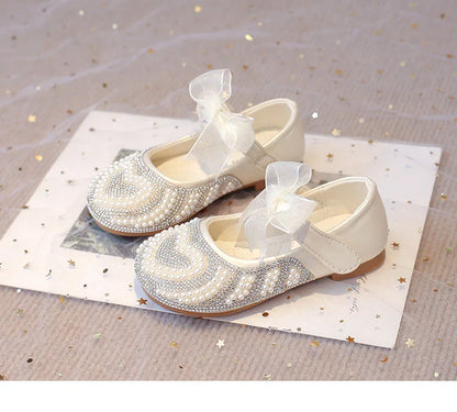 Girls Rhinestone Shoes with Big Heart Pearl Lace Bowtie Fashion Princess Sweet Kids Dress Flats for Wedding Party Chic Elegant