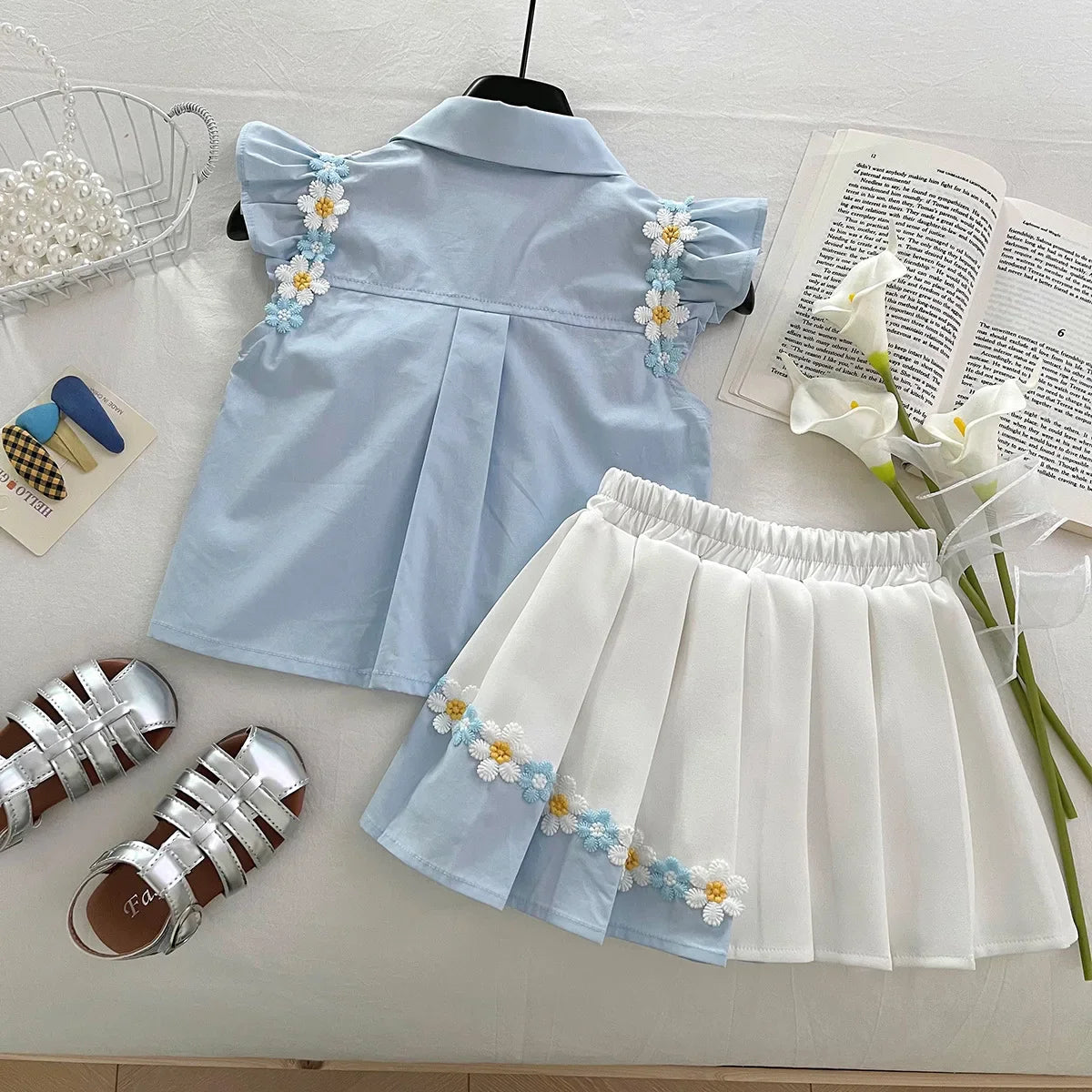 Summer New Baby Floral Short Sleeve Puff Sleeve Top Elastic Waist Pleated Skirt Girls' Set17401