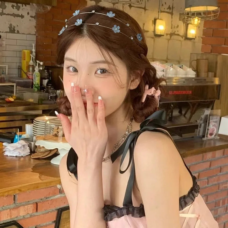 Double Layer Rhinestone Flower Hairbands for Women Fashion Elegant Metal Hair Hoop Korean Style Headwear Girls Hair Accessories