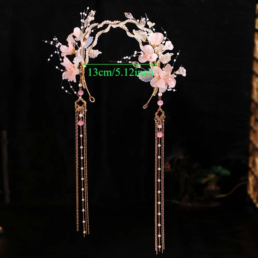 Flower Hanfu Tassel Hair Hoop Beads Crown Chinese Ancient Hairband Double-layer Alloy Swaying Fairy Headwear Hairstyle Tool