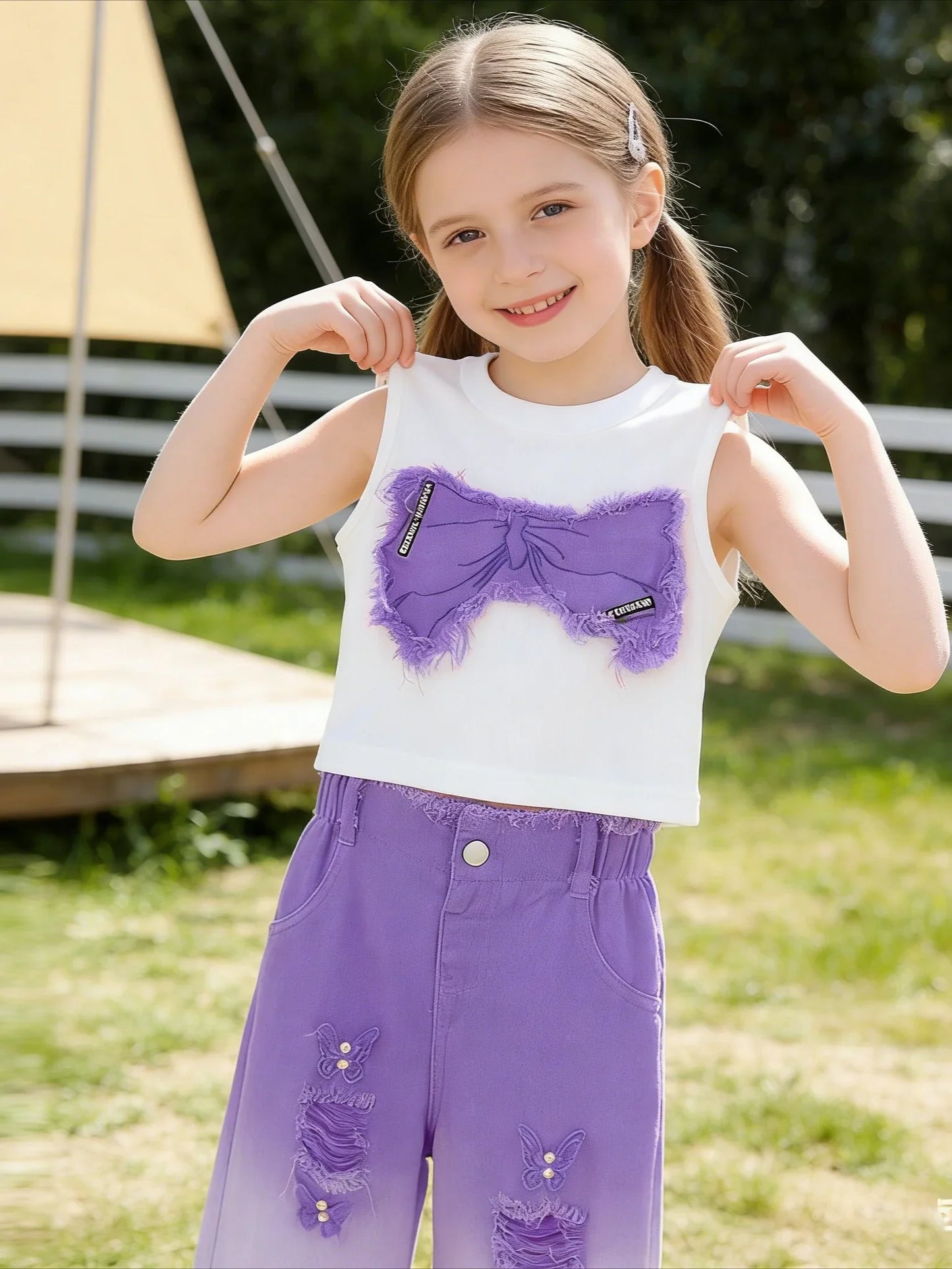 Girls Summer Outfit Set – Sleeveless Bow Top & Gradient Ripped Denim Wide Leg Pants, Fashionable Kids Casual Wear
