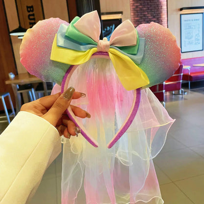 Adorable Sweet Rainbow Mouse ears veil Headband Gradient Butterfly Knot Hairband Theme Fresh Style Women's Hair Accessories