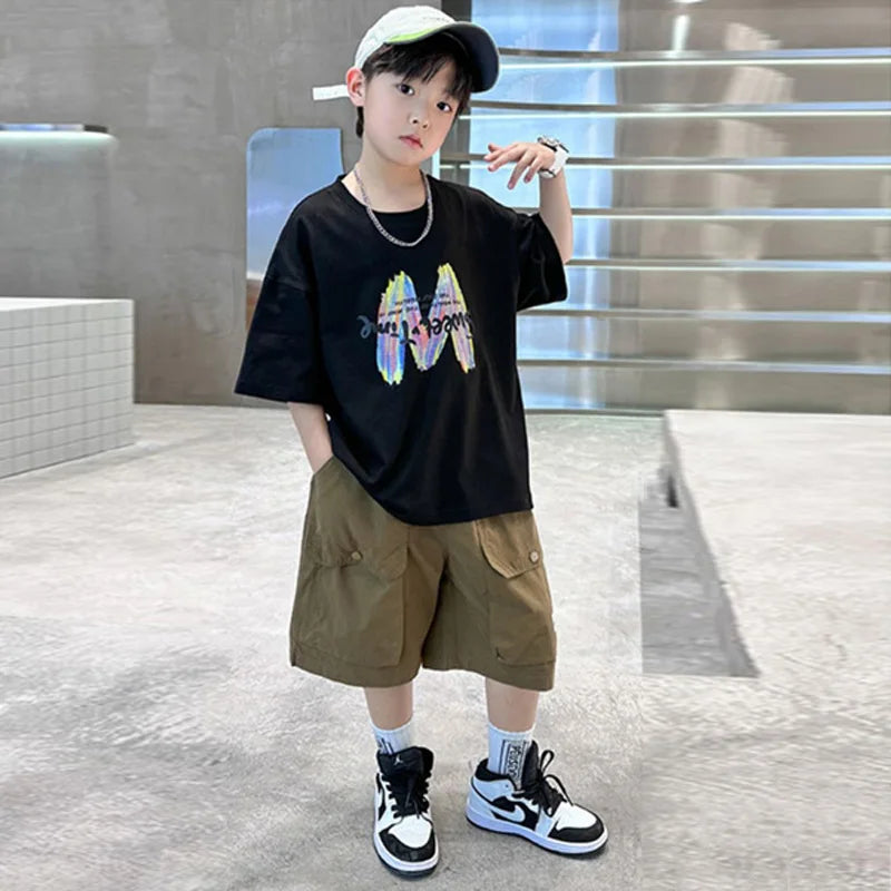 Boys Summer Clothing Sets Big Children Short-sleeved Top+Shorts Suits 2025 New Teenager T-shirt Loose Sports 2Pcs Outfits 4-14Y