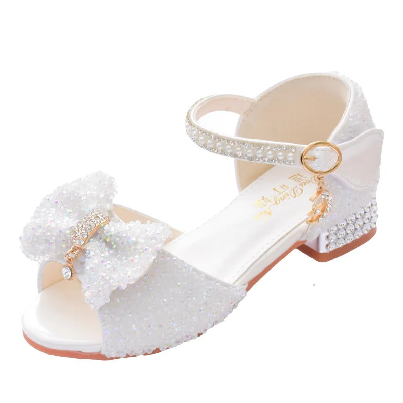 New Kids Crystal Bowknot Girls High Heels Soft Soled White Princess Wedding Performance Shoes
