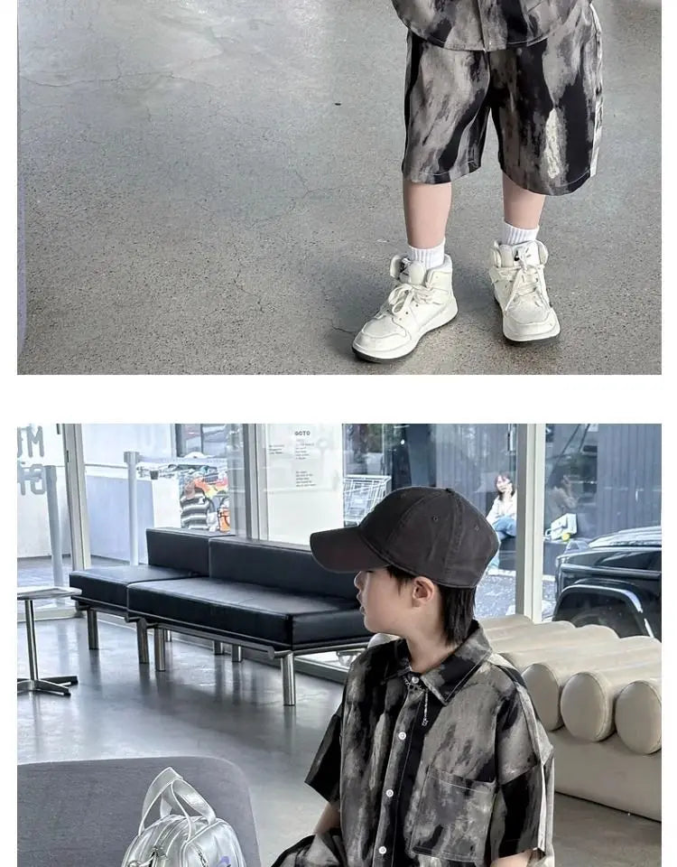 Boys Fashion Summer Tye-die Short Sleeve Shirts+Pants 2pcs Suits Years Kids Trend Streetwear Oufits Sets Children Clothing
