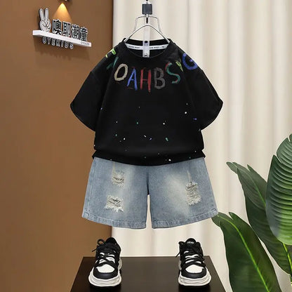 Korean Boys Summer Children's Top and Bottom 2PC Sets Short Sleeve T-Shirt & Denim Shorts Kids Clothes 1-7 Years Black Toddler