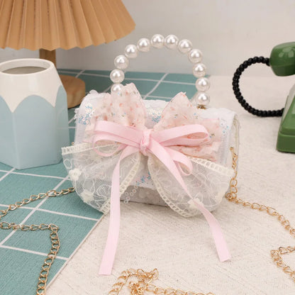 Cute Sequin Bow Kids Mini Square Shoulder Bags Versatile Children Chain Crossbody Bag Lace Girls Pearl Handbags Clutch Purse