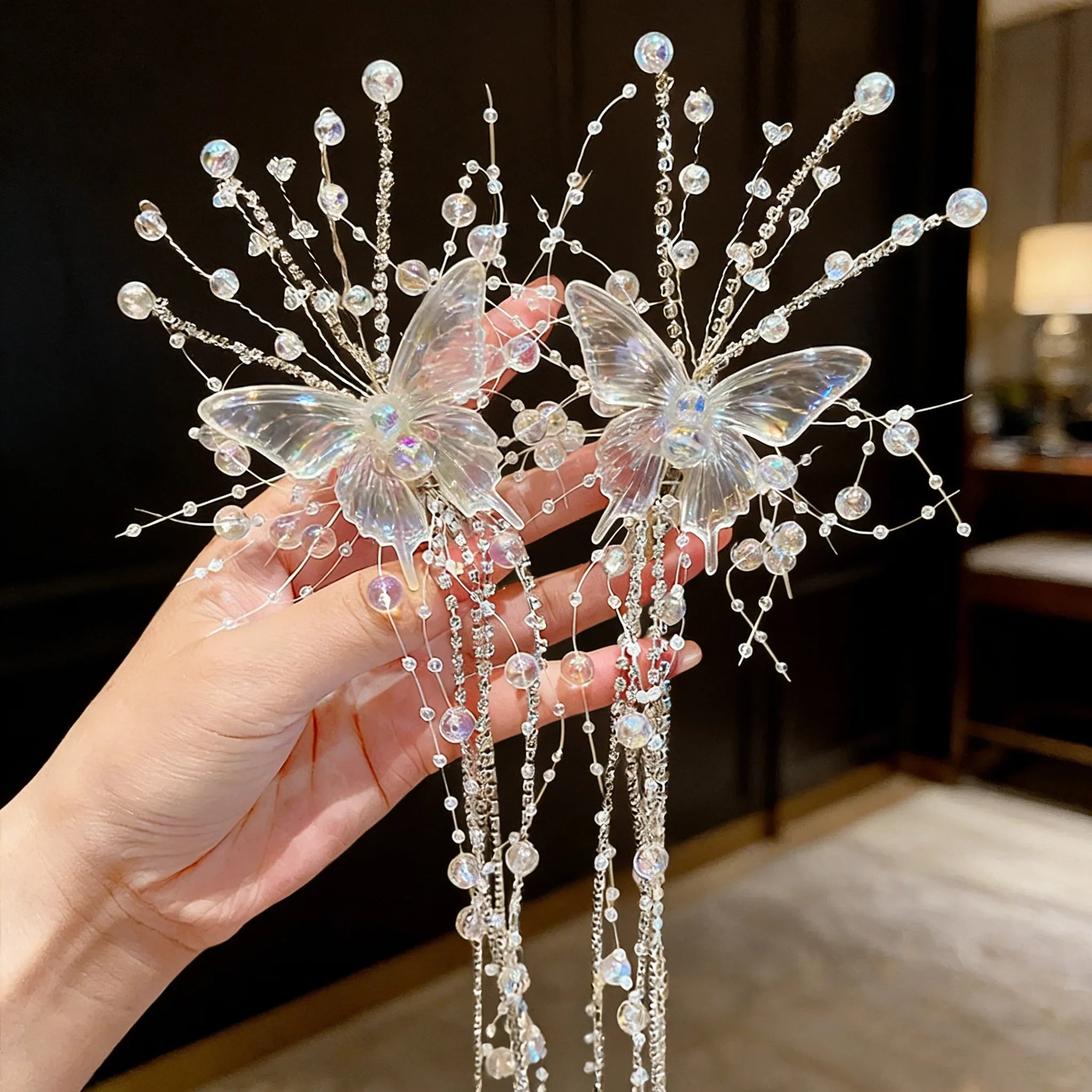Fairy Bride Headdress BrideCourt Hair Ornament Crystal Butterfly Wings Headwe Lace Feather Fringe Hair Clip Wedding Accessories