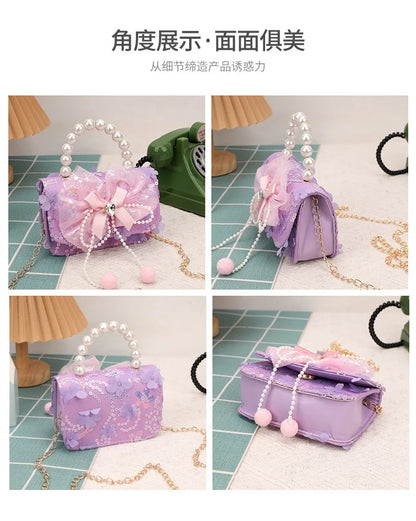 Cute Sequin Bow Kids Mini Square Shoulder Bags Versatile Children Chain Crossbody Bag Lace Girls Pearl Handbags Clutch Purse