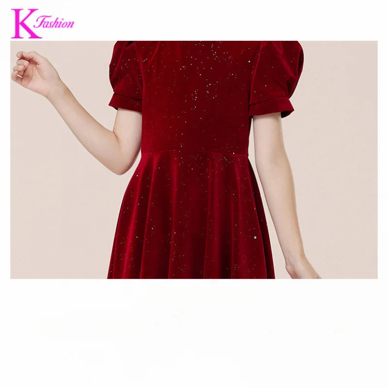 Kids Party Dress Clothing For Birthday Princess  Wine Red Piano Wedding Flower Girl Host Children's Formal Dress