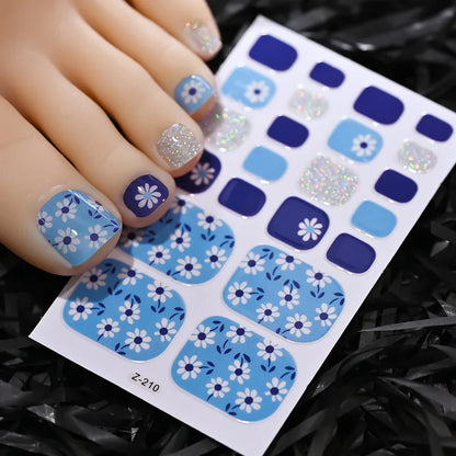 22tips/Sheet Baking Free Daisy Flower Toenail Sticker Full Cover Toe Nail Wraps Glitter Toenail Polish Strips DIY Foot Decals