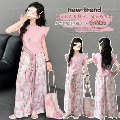 Children's Sets Girls Summer Thin Wide Leg Pants Set: Korean Trendy T-Shirt Two-Piece for Big Kids