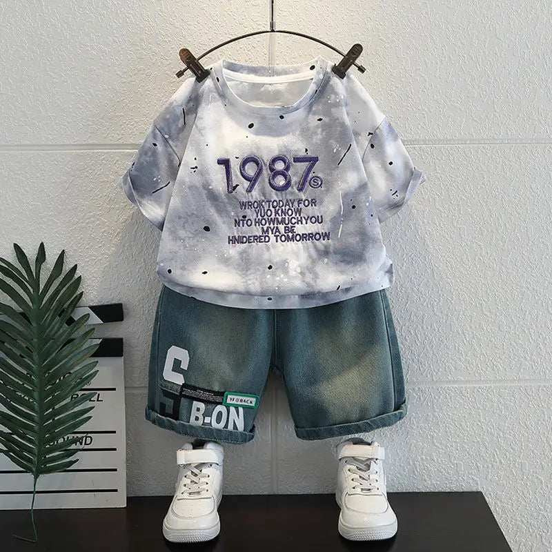 Korean Boys Summer Children's Top and Bottom 2PC Sets Short Sleeve T-Shirt & Denim Shorts Kids Clothes 1-7 Years Black Toddler