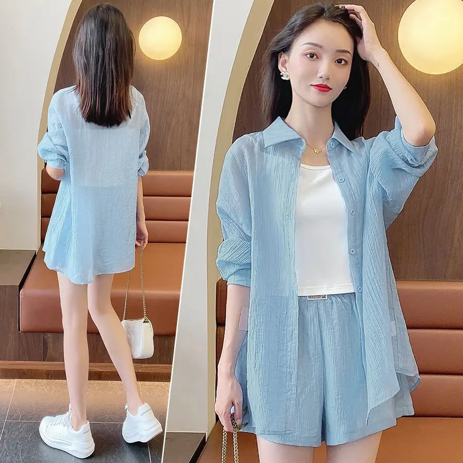 Spring and Summer Sun Protection Women's Set Stylish Loose Shirt Shorts High-end Elegant Women's Three Piece Set