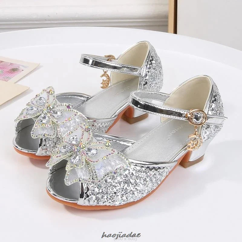 Summer High Heels Shoes for Girls Pageant Kids Sandals Child Mary Jane Shiny Princess Party Dress Up Shoes Purple Gold Pink Blue