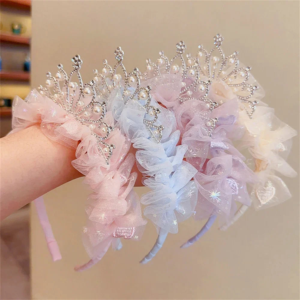 Sweet Princess Headband for Girl Mesh Pearl Crown Hair Hoop for Children Birthday Party Headwear
