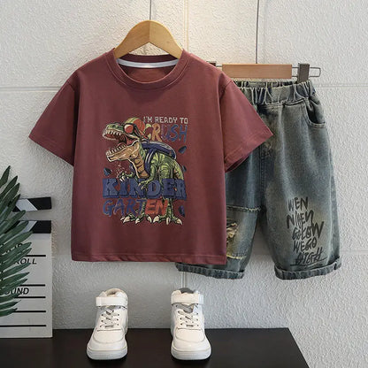 New Boys Sleeveless Vest Denim Shorts 2PC Sets Outdoor Festival Clothing Vintage Print Kids Miracle Design 2-10 Years White Tops