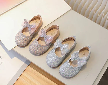 Girls Crystal Princess Footwear Comfortable Flat Sole Leather Shoes for Kids Glittering Rhinestone Design