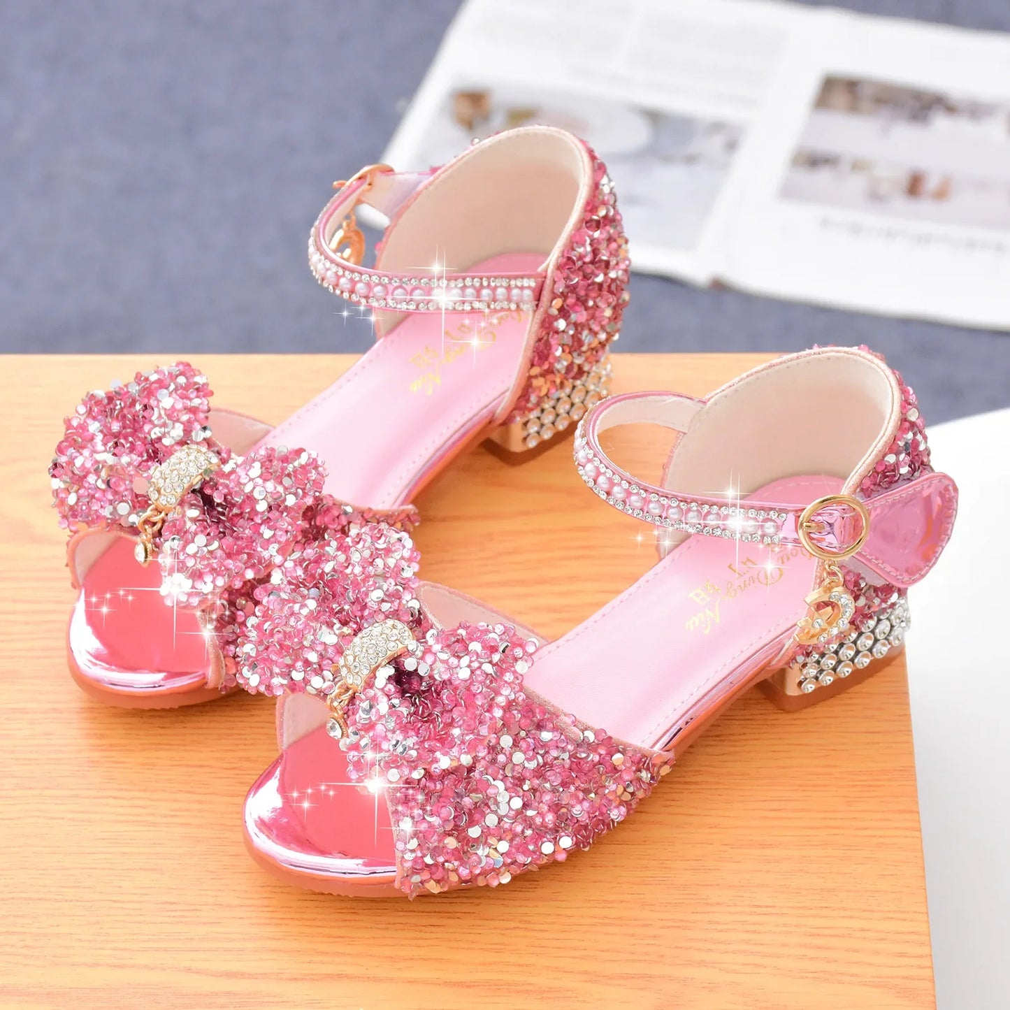 New Kids Crystal Bowknot Girls High Heels Soft Soled White Princess Wedding Performance Shoes