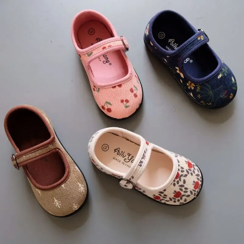 New Corduroy Floral Canvas Shoes Girls Square Mouth Indoor Shoes Soft Soled Non-slip Shoes