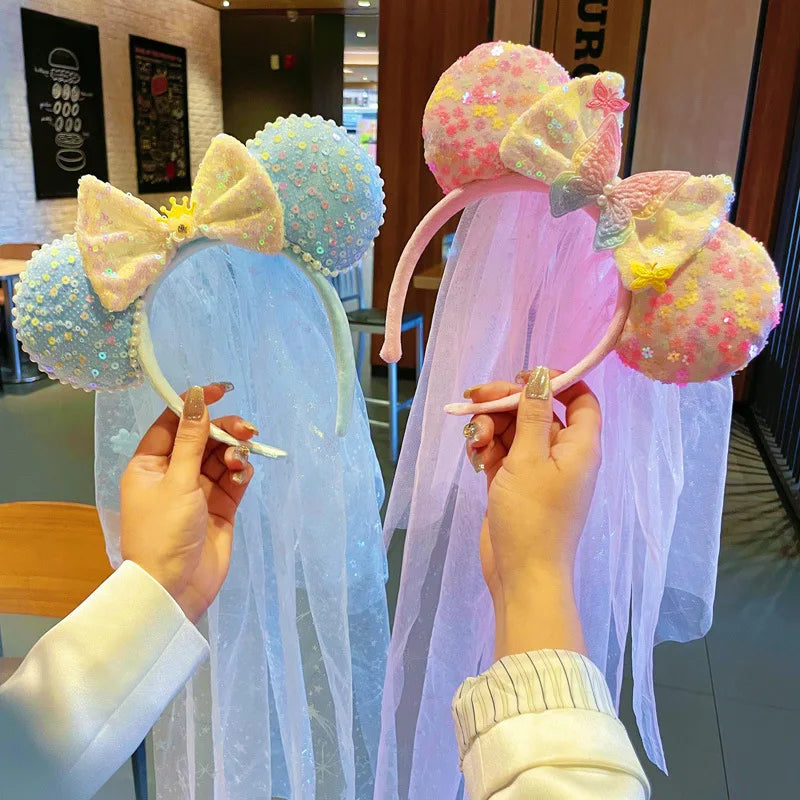 Adorable Sweet Rainbow Mouse ears veil Headband Gradient Butterfly Knot Hairband Theme Fresh Style Women's Hair Accessories