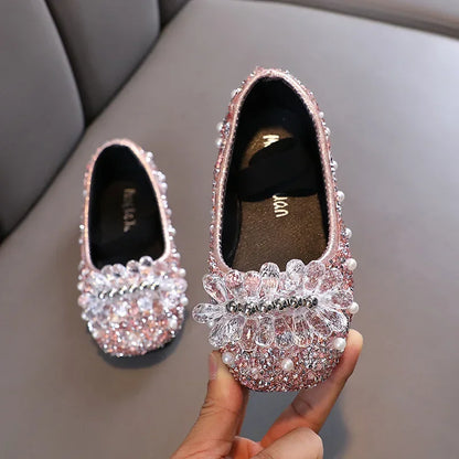 Kids Girl Shoes New Girls Princess Shoes Fashion Children Sequins Bling Bow Shoe Kid Rhinestone Non-slip Flat Shoe