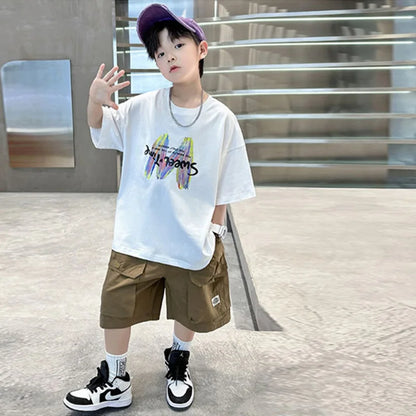 Boys Summer Clothing Sets Big Children Short-sleeved Top+Shorts Suits 2025 New Teenager T-shirt Loose Sports 2Pcs Outfits 4-14Y