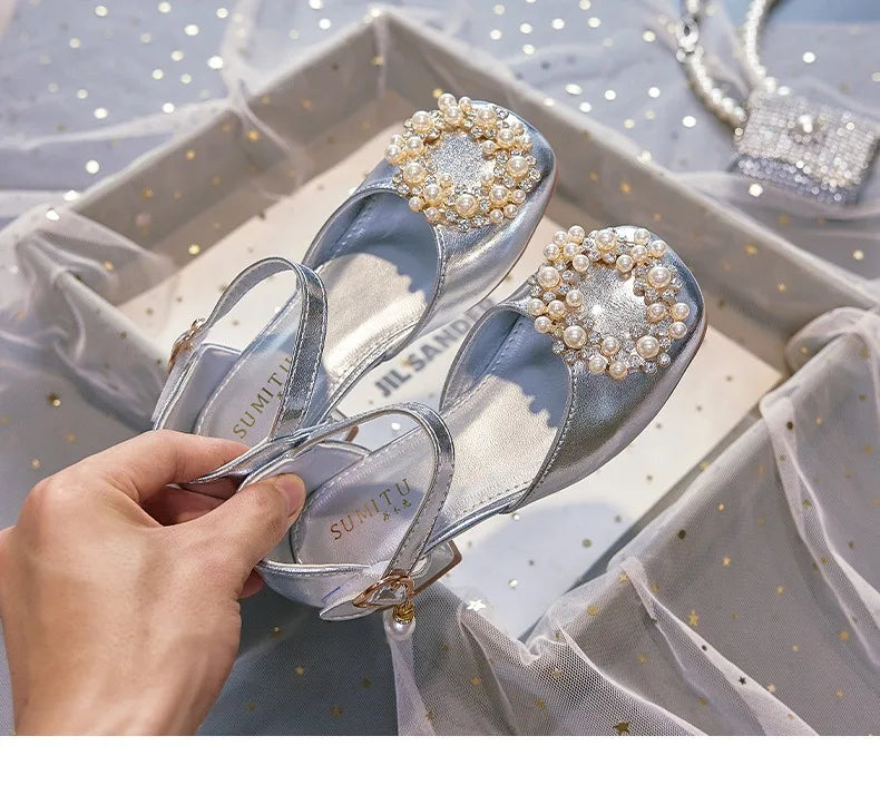 Mary Jane Shoes Kid's Beading Flats Kid's Buckle Ballet Flat Low With Female Children's Shoes Princess Shoes Green Sandals